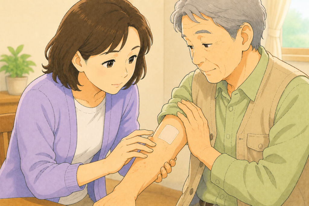 50代の家族が70代の高齢者の腕の皮膚状態や湿布の位置を確認しながら虫よけを塗っても安全な部位を確かめている様子のアップイラスト