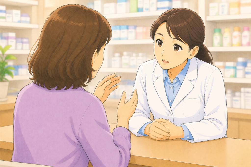 50代の家族の背後から白衣の薬剤師が高齢の親の乾燥肌とかゆみの状態を聞きながら保湿剤か外用ステロイドかを一緒に考えている様子のイラスト