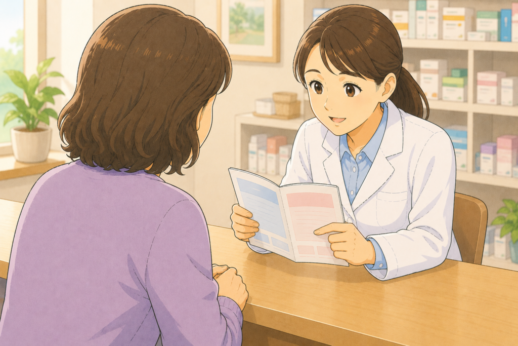 50代の家族の背後から白衣の薬剤師がお薬手帳を確認しながら高齢の親のステロイド使用状況を踏まえて帯状疱疹ワクチンを接種できるか慎重に相談している様子のイラスト
