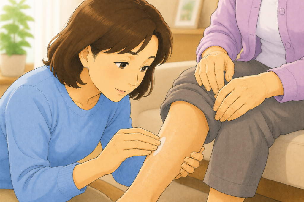 50代の家族が糖尿病のある70代の高齢者の足に傷やただれがないか確認しながら保湿剤を慎重に塗っている様子のアップイラスト