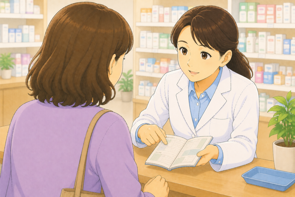 50代の家族の背後から白衣の薬剤師がお薬手帳を確認しながら高齢の親の乾燥肌に保湿剤か外用ステロイドか受診かを一緒に判断している様子のイラスト