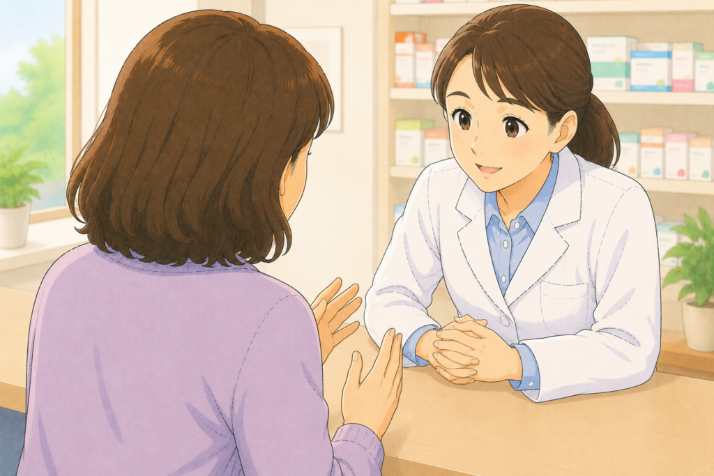 50代の家族の背後から白衣の薬剤師が農作業をする高齢の親へのマダニ対策に適した虫よけの選び方を丁寧に説明している様子のイラスト
