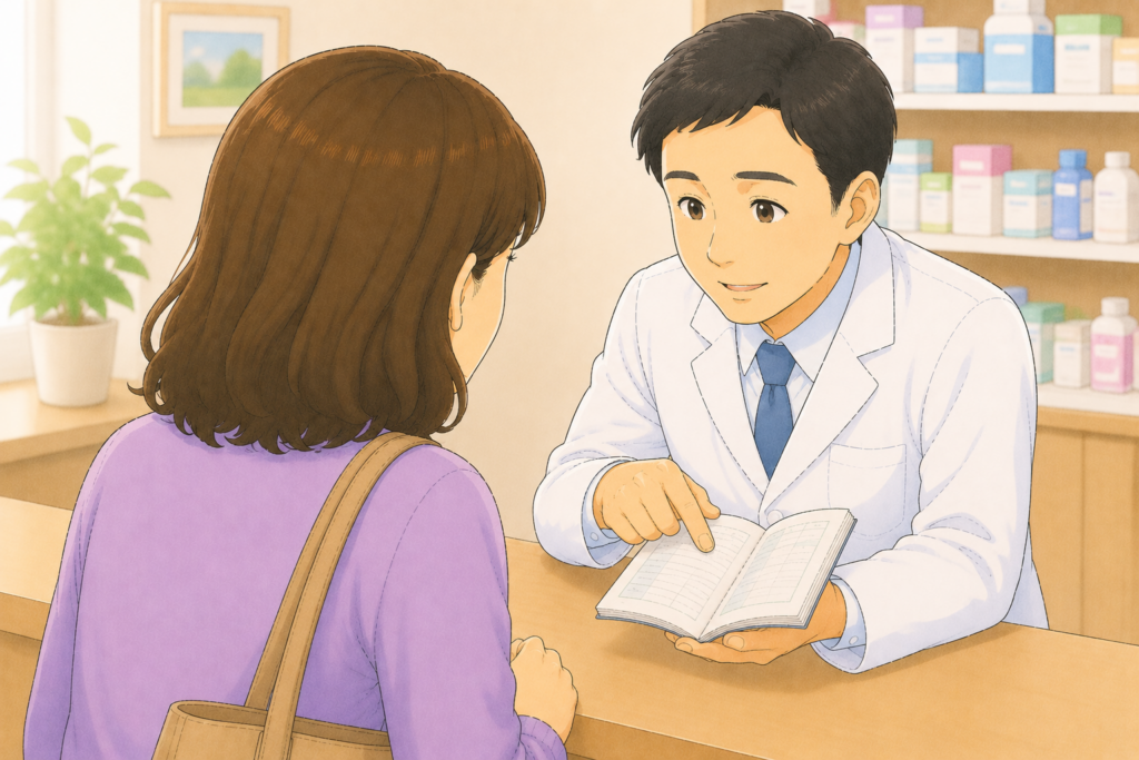 50代の家族の背後から白衣の薬剤師がお薬手帳を確認しながら腎臓病と抗凝固薬がある高齢の親の胃薬の選び方と受診が必要な出血サインを丁寧に説明している様子のイラスト