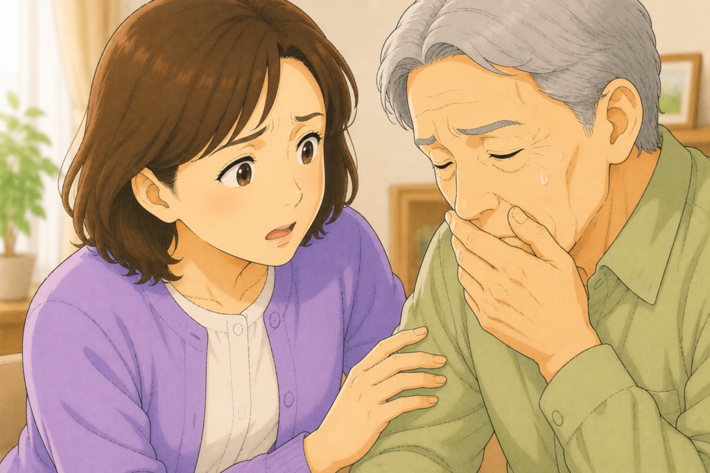 50代の家族が抗凝固薬を飲んでいる70代の高齢者の胃痛に胃薬を渡すのではなく出血サインではないかと気づいて受診を促そうとしている様子のアップイラスト