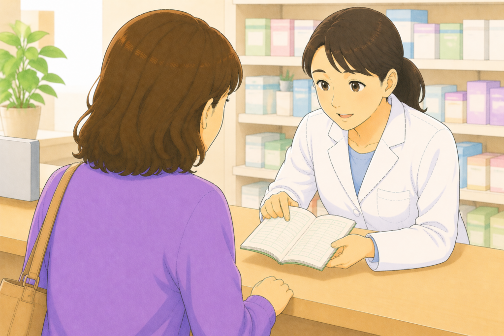 50代の家族の背後から白衣の薬剤師がお薬手帳を確認しながら処方の湿布・痛み止めを市販薬に切り替えるにあたって腎機能や服薬状況から安全かどうかを丁寧にアドバイスしている様子のイラスト