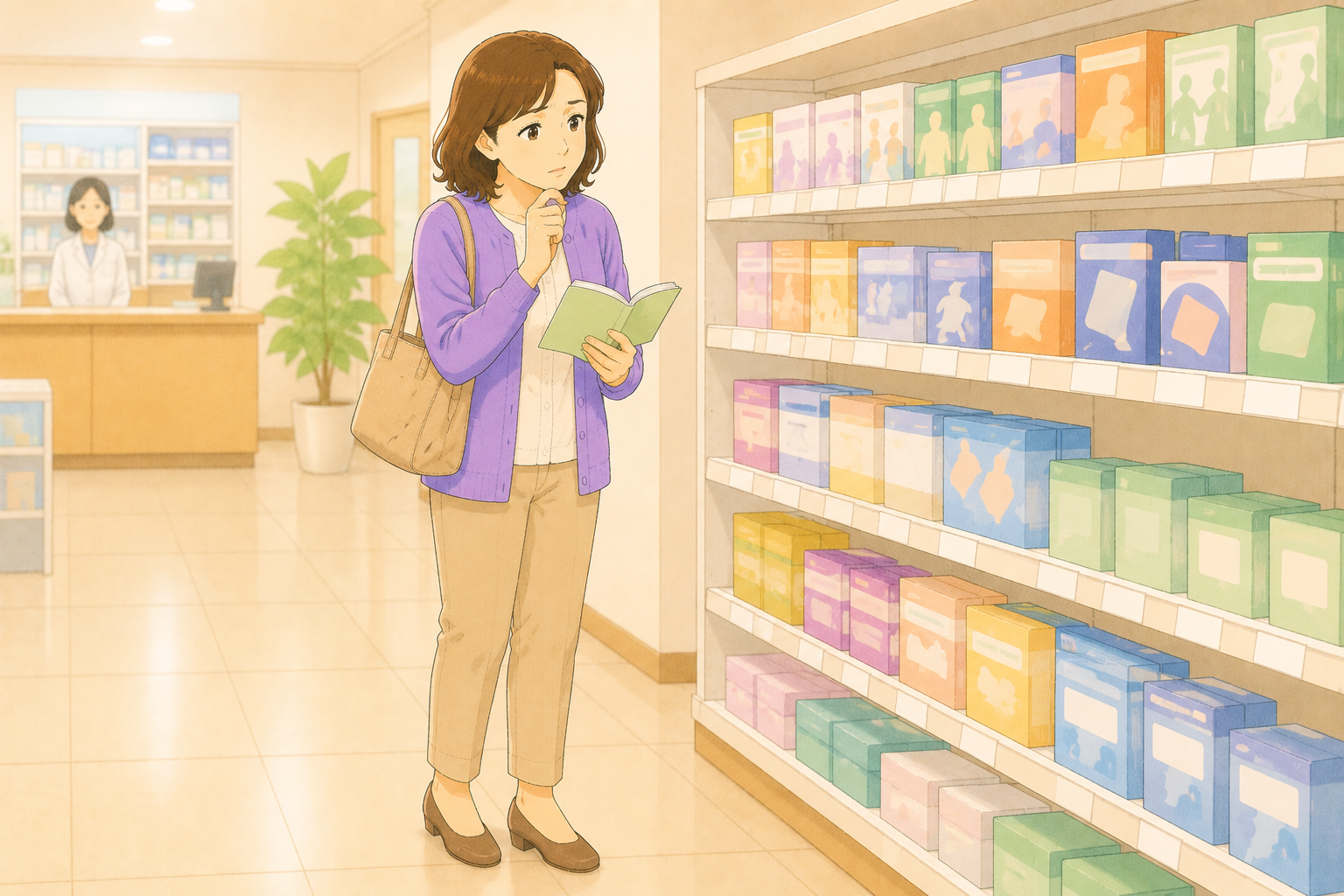 50代の女性がドラッグストアの湿布・痛み止め売り場でお薬手帳を持ちながら高齢の親の処方薬を市販薬に切り替えても安全かを確認しようとしている全身のイラスト