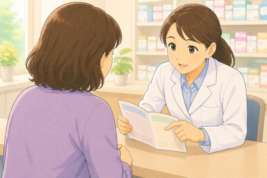 50代の家族の背後から白衣の薬剤師がお薬手帳を確認しながら高齢の親の外用薬と皮膚状態を踏まえてディートかイカリジンかを一緒に選んでいる様子のイラスト