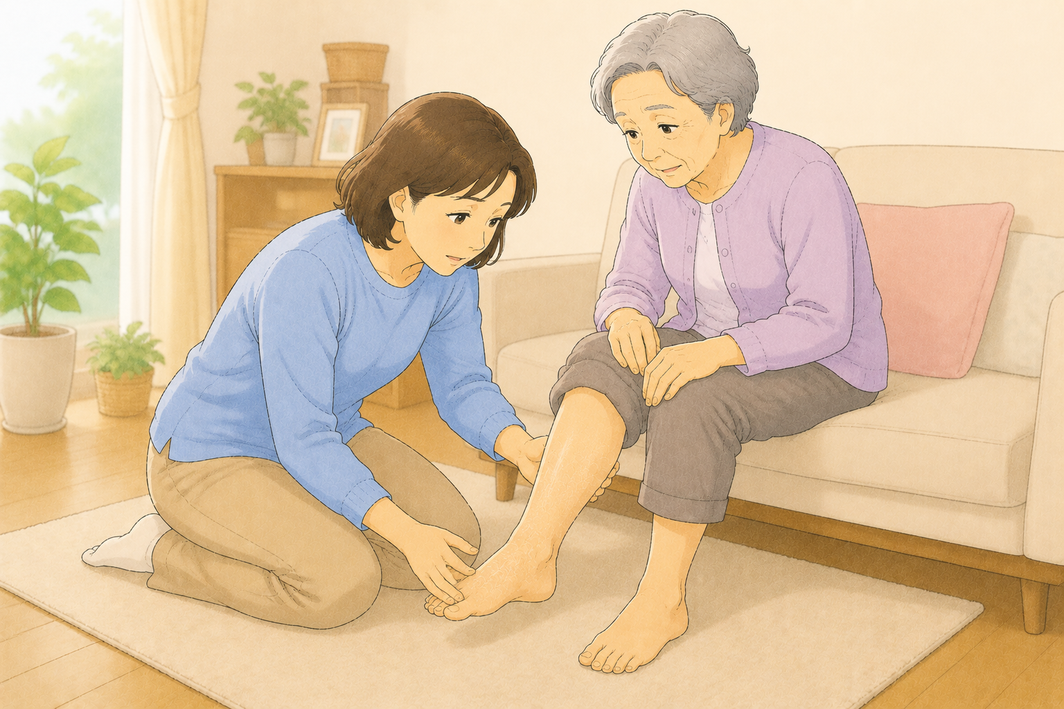 50代の家族が糖尿病がある70代の高齢者の足の乾燥やひび割れ・皮膚の状態を保湿剤を使う前に確認している全身のイラスト