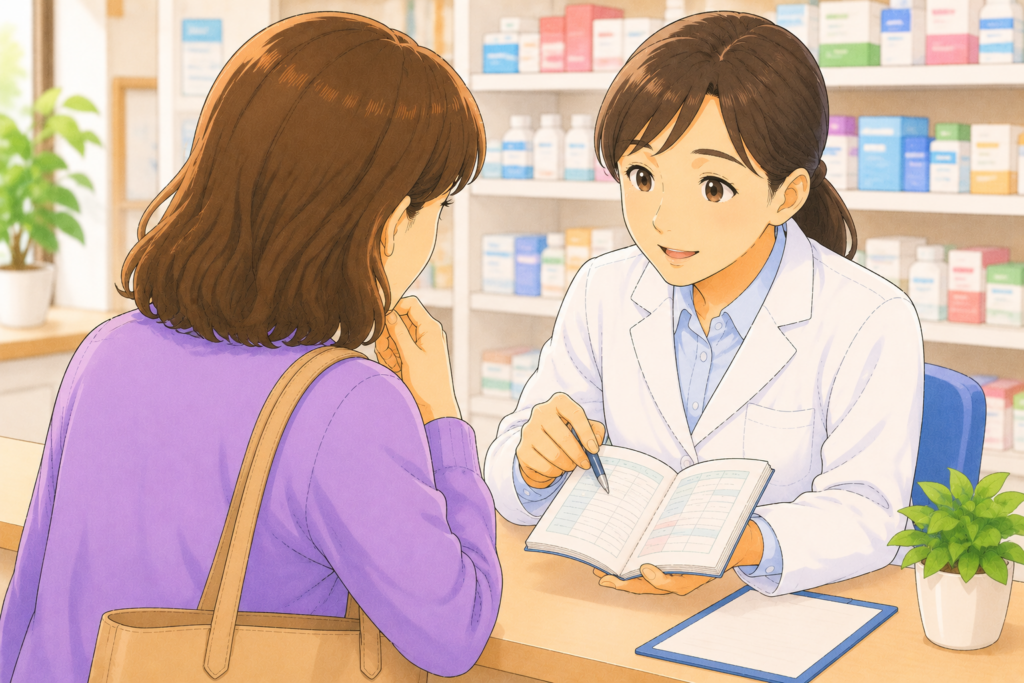 50代の家族の背後から白衣の薬剤師がお薬手帳を確認しながら高齢の親の胃もたれの症状と痛み止め・抗凝固薬の服薬状況を踏まえて最適な胃薬か受診かを判断している様子のイラスト