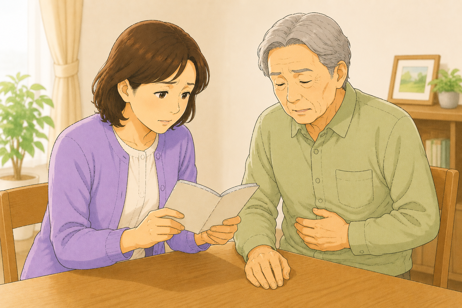 50代の家族が腎臓病や抗凝固薬を飲んでいる70代の高齢者のお薬手帳を確認しながら胃薬を使っても安全かを慎重に確かめている様子のイラスト