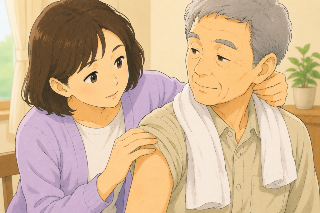 50代の家族が農作業から帰宅した70代の高齢者の腕や首周りにマダニがついていないか丁寧に確認している様子のアップイラスト