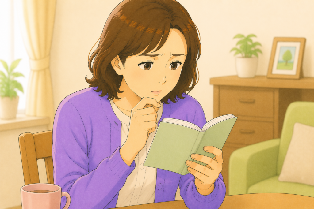 50代の家族がお薬手帳を見ながら腎機能低下や抗凝固薬など自己判断で処方薬を市販薬に切り替えてはいけない持病や服薬がないかを確認している様子のアップイラスト