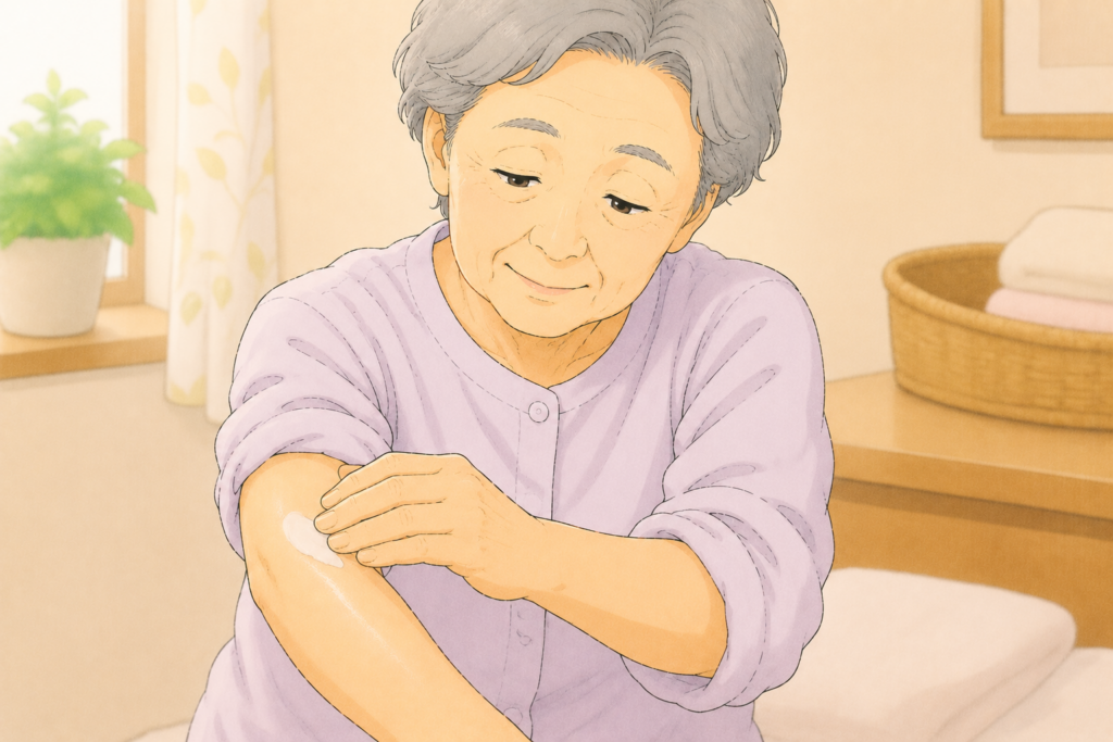 70代の高齢者が入浴後に乾燥肌のケアとして腕に保湿剤を丁寧に塗っているアップイラスト