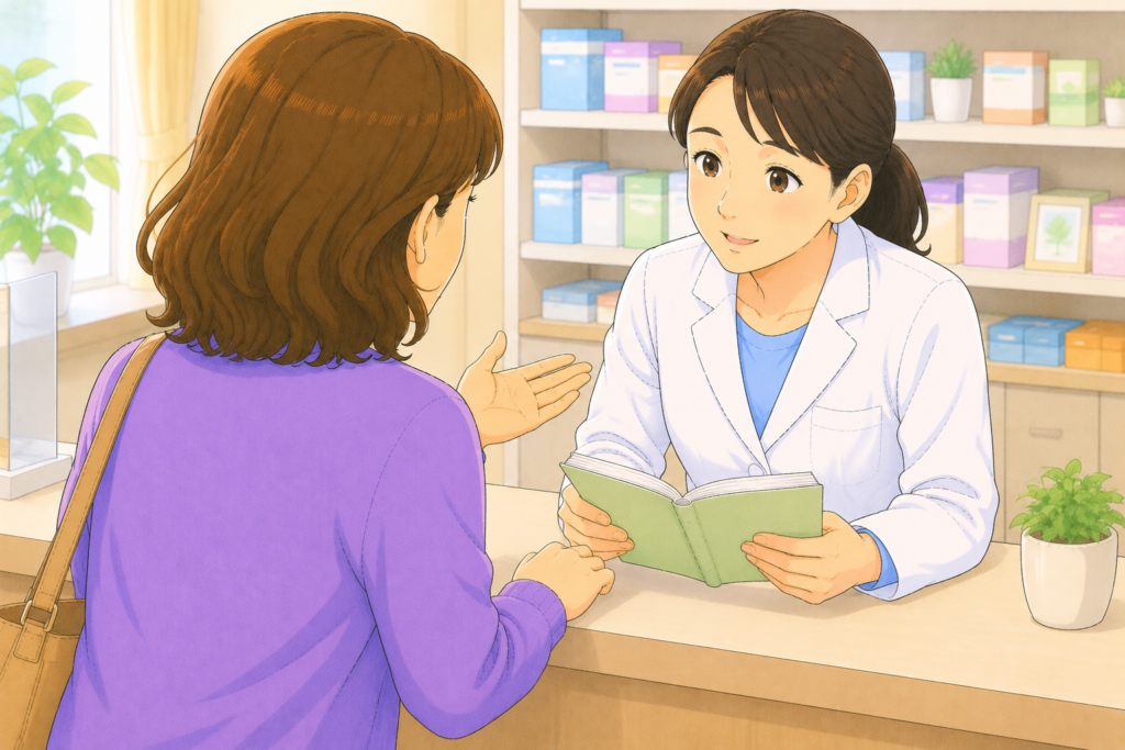 50代の家族の背後から白衣の薬剤師がお薬手帳を確認しながら処方薬の費用が増える前に市販薬への切り替えが可能かどうかを親の持病と服薬状況を踏まえて丁寧に相談している様子のイラスト