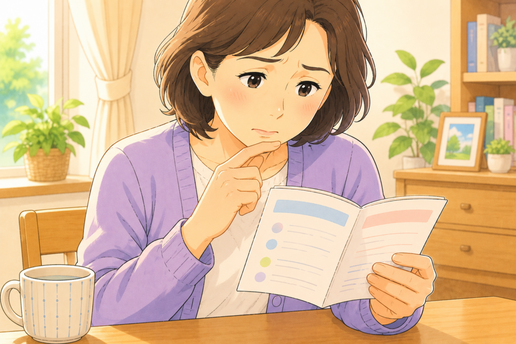 50代の家族がお薬手帳を見ながらステロイド薬や抗凝固薬が帯状疱疹ワクチンの接種に影響するか確認している様子のアップイラスト