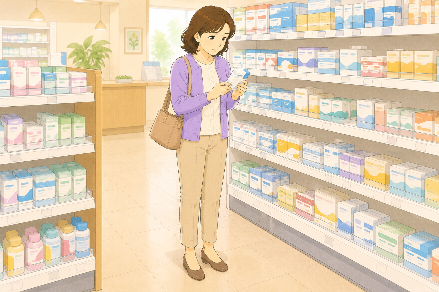 50代の女性がドラッグストアの解熱鎮痛薬売り場でアセトアミノフェンかNSAIDsかを確認しながら高齢の親に合った薬を選ぼうとしている全身のイラスト