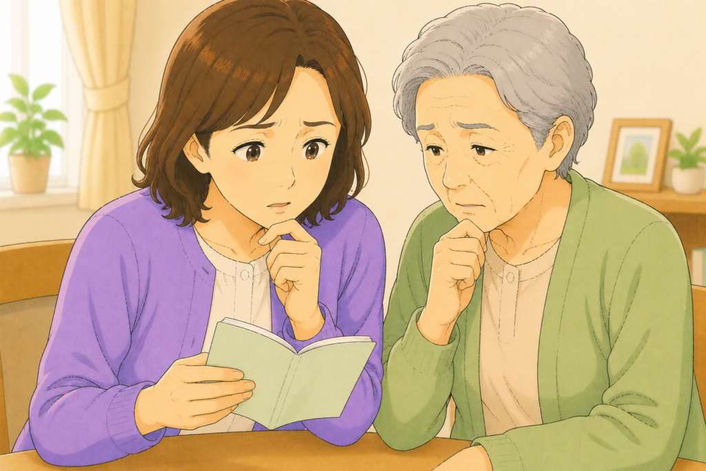 50代の家族がお薬手帳を確認しながら腎臓病や抗凝固薬などの持病がある高齢の親の処方薬を市販薬に切り替えても安全かを慎重に判断している様子のアップイラスト