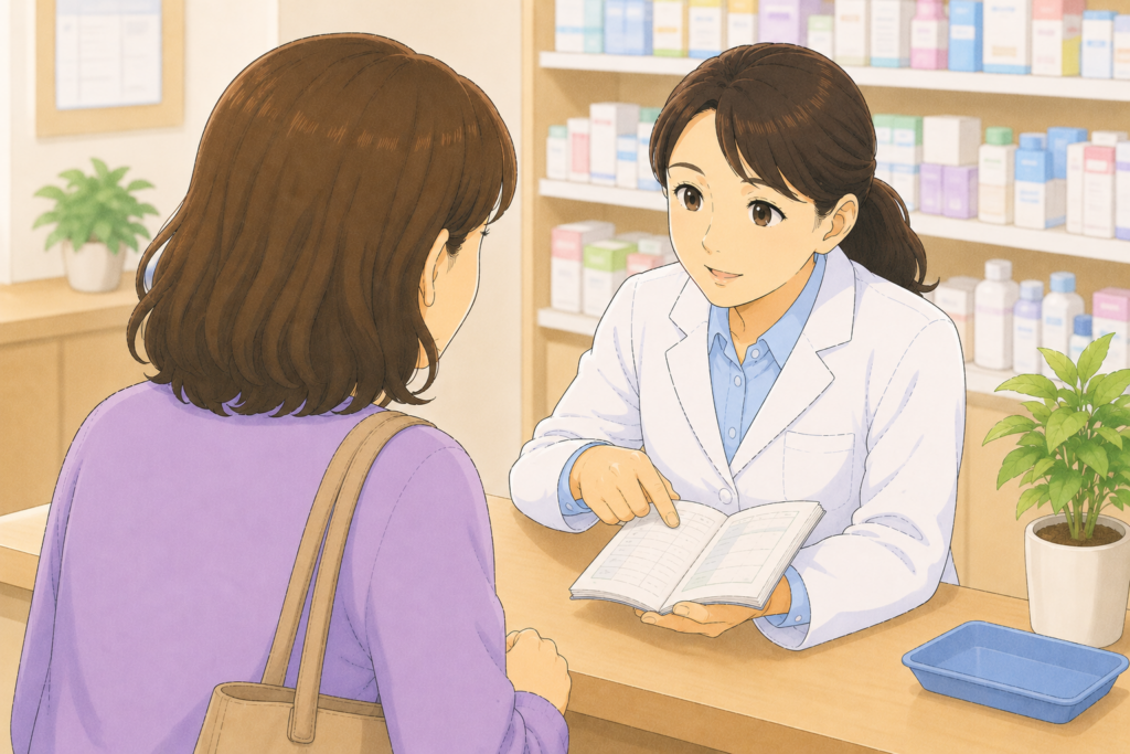 50代の家族の背後から白衣の薬剤師がお薬手帳を確認しながら痛み止めや抗凝固薬を飲んでいる高齢の親に合った胃薬の選び方と受診サインを説明している様子のイラスト
