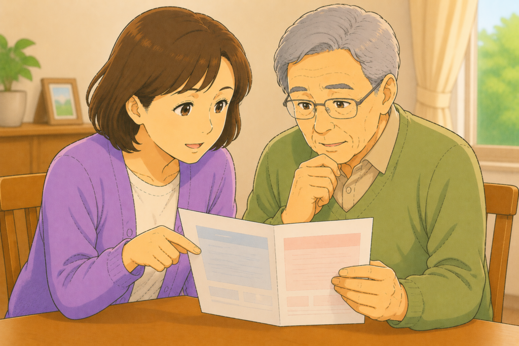 50代の家族と70代の高齢者が並んで帯状疱疹ワクチン2種類の比較資料を確認しどちらが自分に合っているか考えている様子のアップイラスト