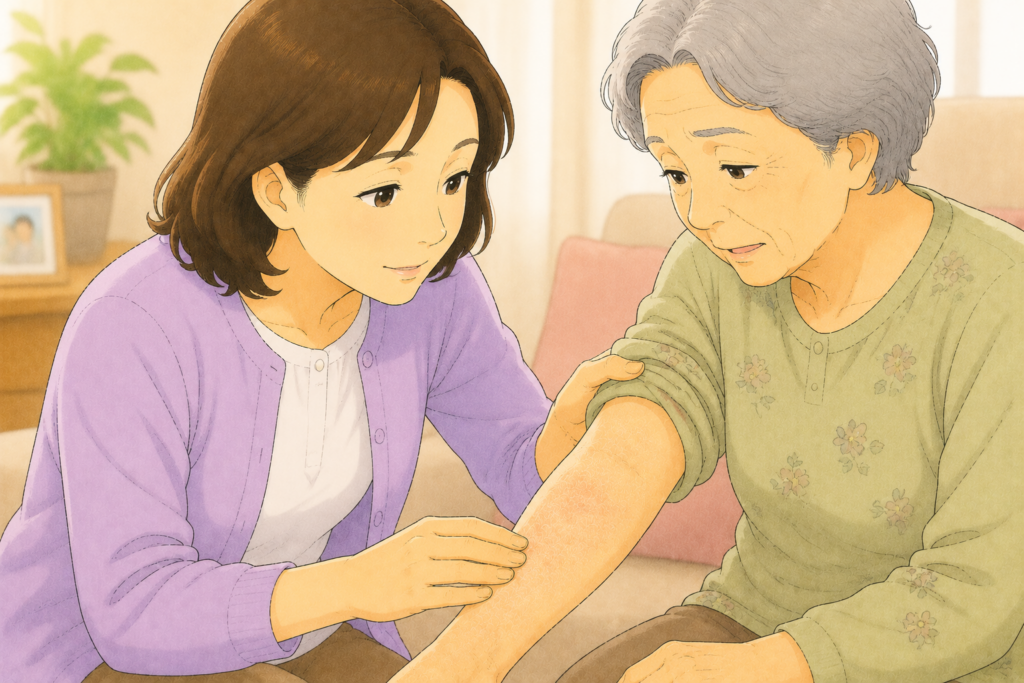 50代の家族が70代の高齢者の腕の乾燥や赤みの程度を確認しながら保湿剤で対応できるか外用ステロイドが必要かを判断している様子のアップイラスト