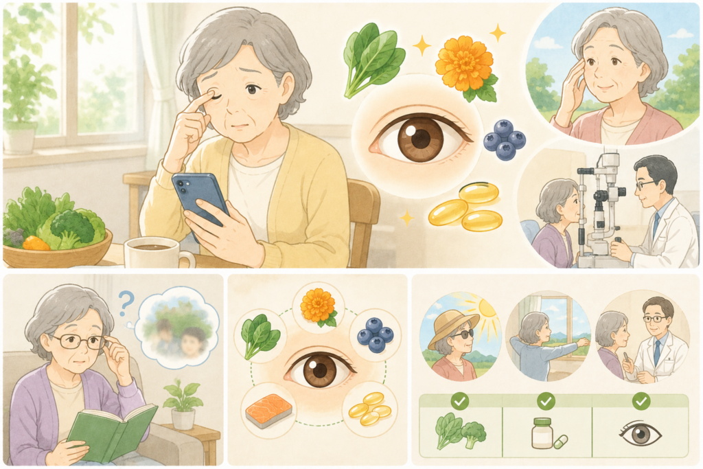 ルテインの働きや白内障・緑内障との違い、目の健康を守る生活習慣をまとめたイラスト