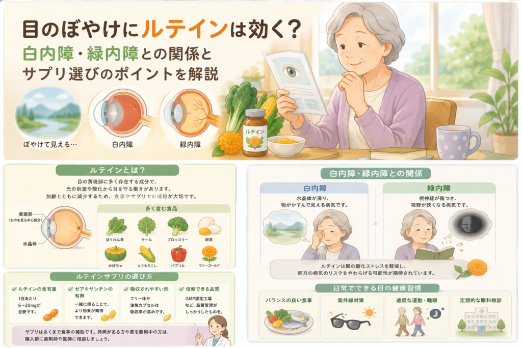 白内障による目のかすみと緑内障による視野の欠け、ルテインの働きや眼科受診の目安を示したイラスト