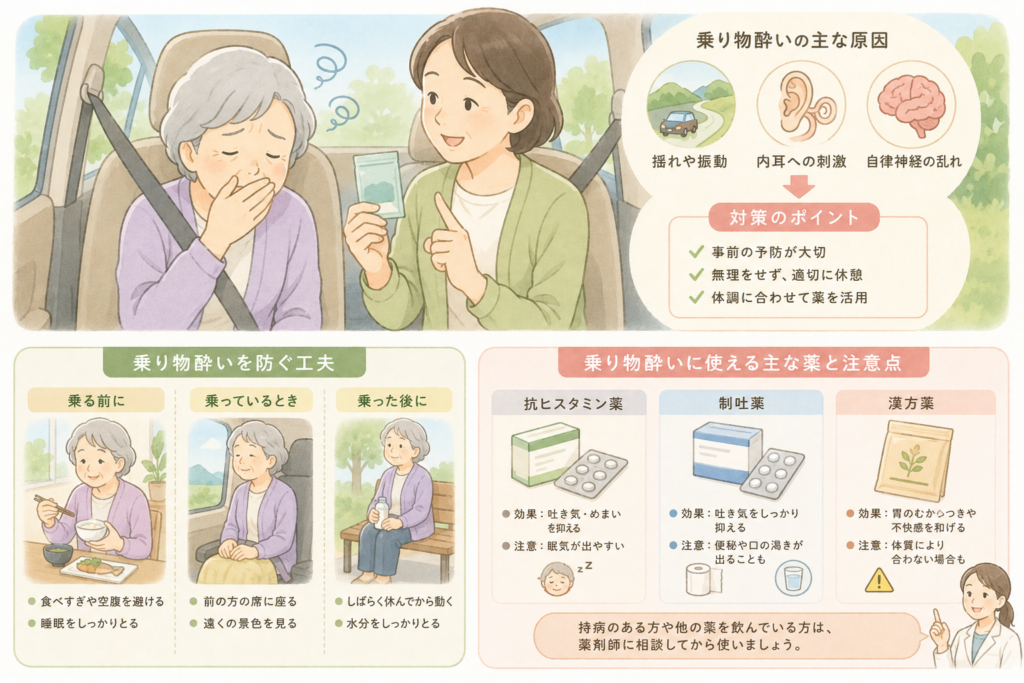 車内で乗り物酔いをした高齢女性と、原因・対策・酔い止め薬の注意点をまとめたイラスト