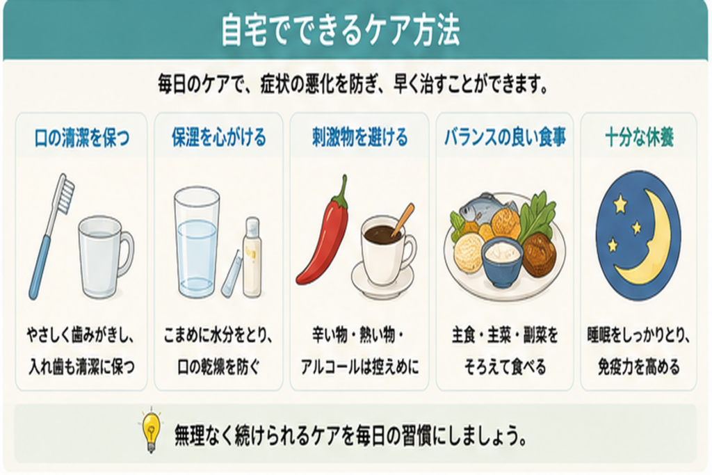口角炎や舌の痛みがあるときの口腔ケア、保湿、食事、休息のポイントを示した図解