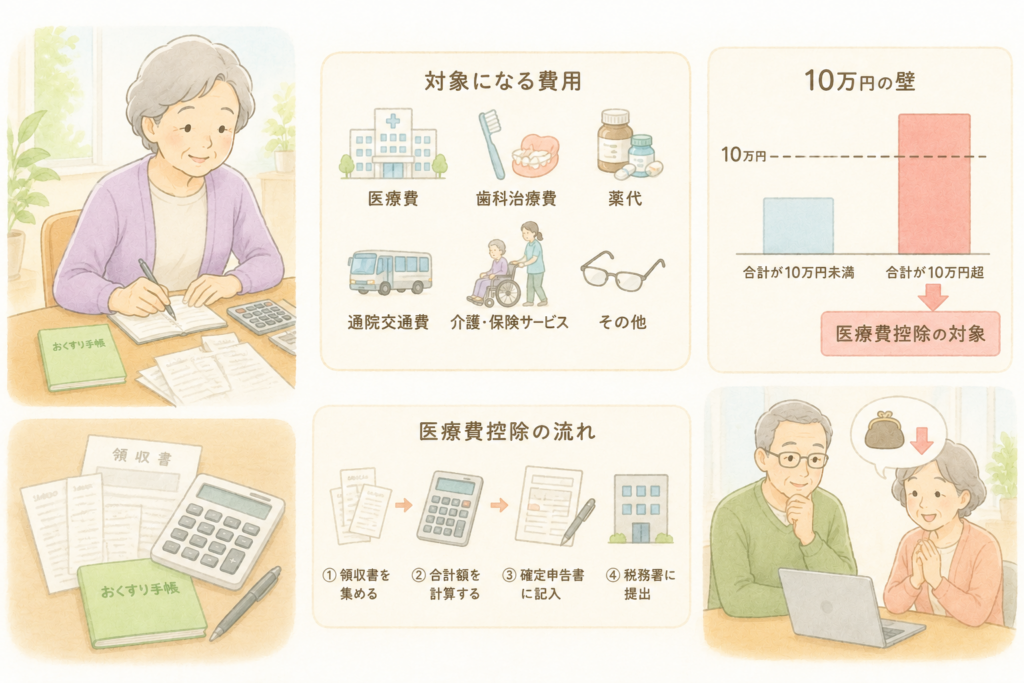 高齢女性が医療費の領収書やおくすり手帳を整理し、控除対象の費用を確認するイラスト