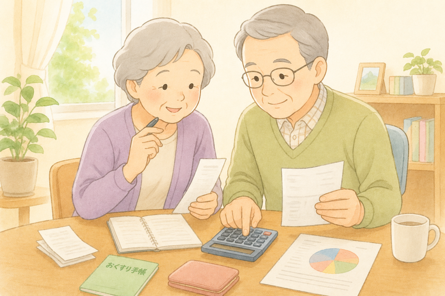 医療費の領収書を見ながら電卓で計算する高齢夫婦のイラスト