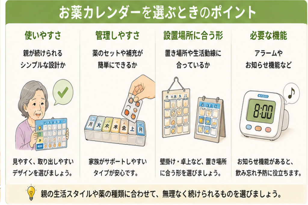 見やすさや管理のしやすさ、設置場所、通知機能からお薬カレンダーを選ぶポイントを示した図解