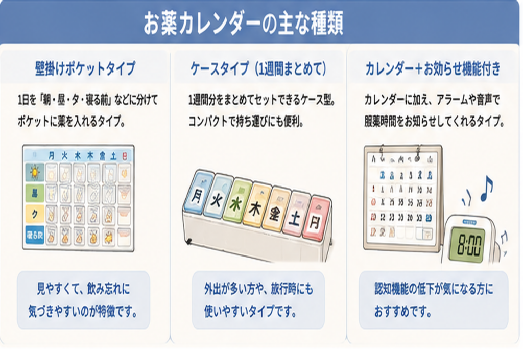 壁掛け型や携帯用ケース、アラーム付きなど、お薬カレンダーの主な種類を示した図解