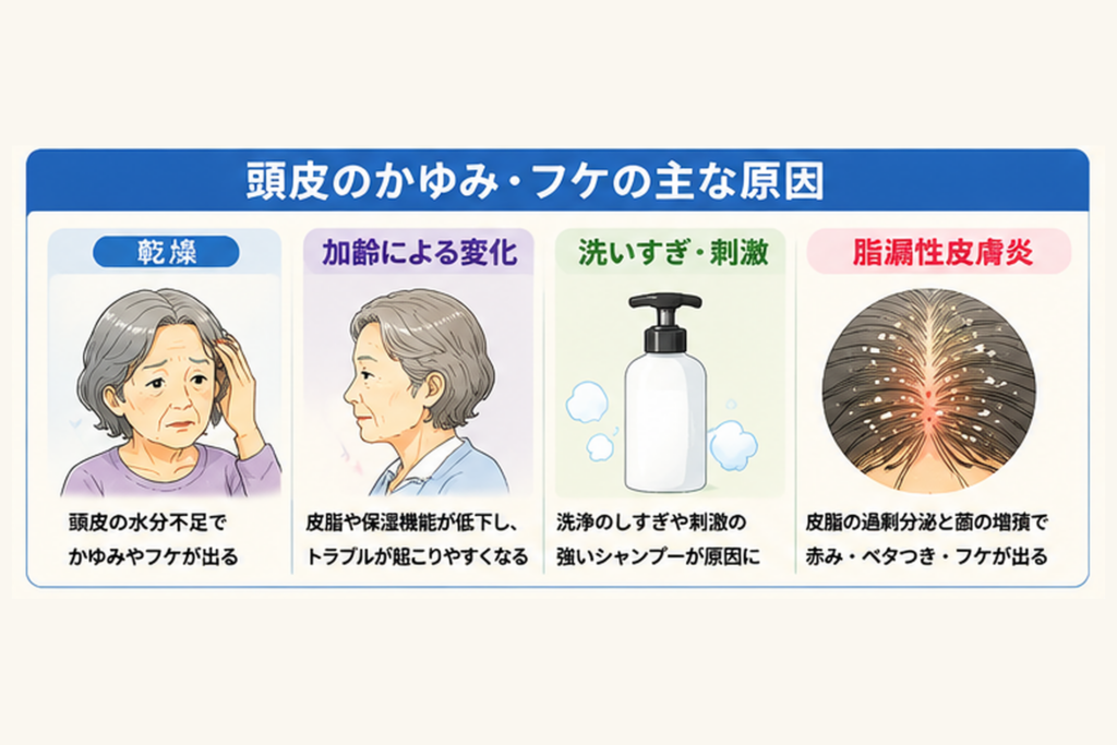 高齢者の頭皮のかゆみやフケを引き起こす乾燥、加齢、洗いすぎ、脂漏性皮膚炎を示した図解