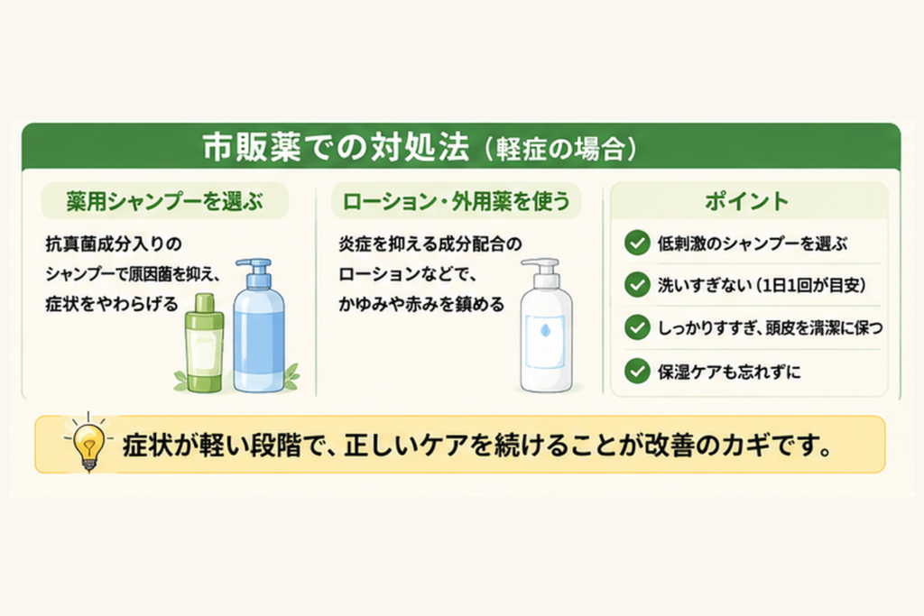 頭皮の症状に合わせた薬用シャンプーやローションの選び方と日常ケアを示した図解