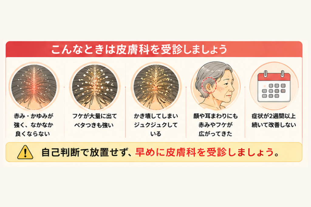 頭皮の赤みや大量のフケ、かき壊しなど皮膚科を受診したい症状を示した図解