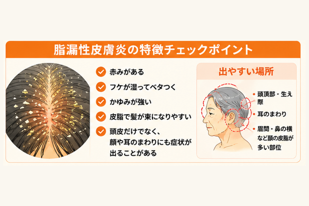 黄色くベタつくフケや赤み、強いかゆみなど脂漏性皮膚炎の特徴を示した図解